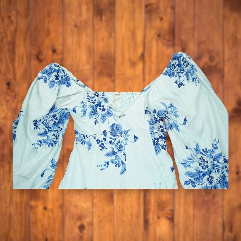 Free People‎ Francesca Mini Dress Floral Pattern Medium Balloon Sleeves EUC